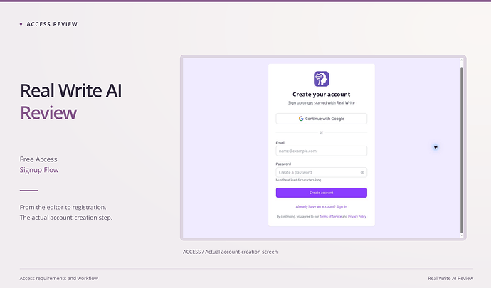Real Write AI Review cover: free access, signup flow, with an original access screenshot. Real Write account-creation page reached after clicking Humanize for the HZ01 input.