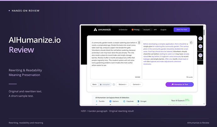 AIHumanize.io Review cover: rewriting & readability, meaning preservation, with an original screenshot. AIHumanize.io original garden paragraph and its 78-word output; zero-percent AI badge is the vendor display.