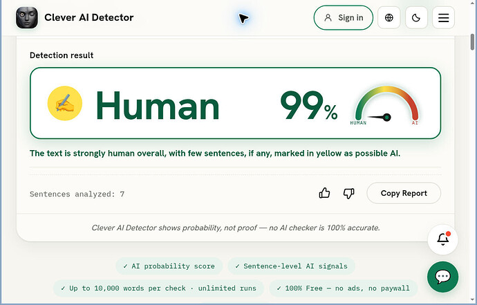 Clever AI Detector H01: Human 99%