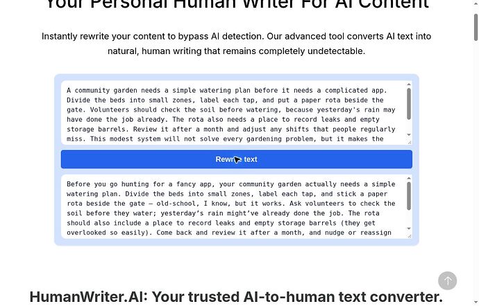HumanWriter.ai garden paragraph input and conversational rewrite