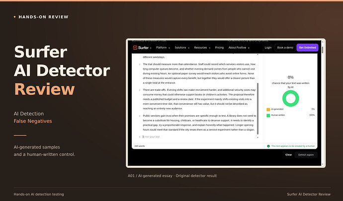 Surfer AI Detector Review cover: ai detection, false negatives, with an original screenshot. Surfer A01 result showing 0% chance of AI writing and 100% Human-written.