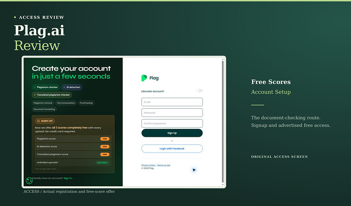 Plag.ai Review cover: free scores, account setup, with an original access screenshot. Plag.ai registration screen advertising free scores and no credit card required alongside signup fields.