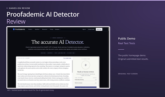 Proofademic AI Detector Review cover: public demo, real text tests, with an original screenshot. Proofademic public homepage demo showing the original A01 essay, settled AI-likeness score 0 and Reads as human-written; not an authenticated full report.