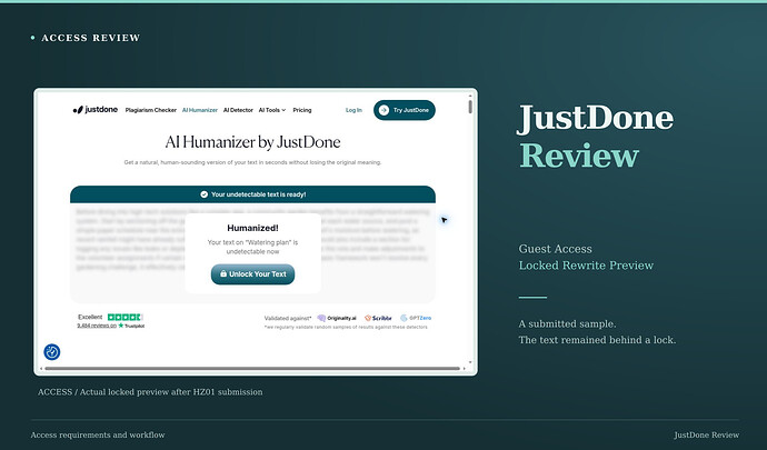 JustDone Review cover: guest access, locked rewrite preview, with an original screenshot. JustDone original blurred HZ01 rewrite preview and Unlock Your Text prompt; undetectability statements are vendor copy, not a measured result.