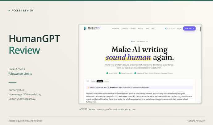 HumanGPT Review cover: free access, allowance limits, with an original screenshot. HumanGPT at humangpt.io homepage advertising 300 words per day and showing vendor-provided example text, not an output generated in this review.