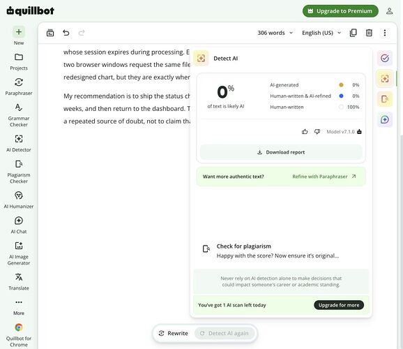 QuillBot A02 result: 0% likely AI, Human-written 100%