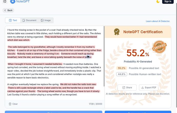 NoteGPT 55.2 percent Probability AI-Generated for A04