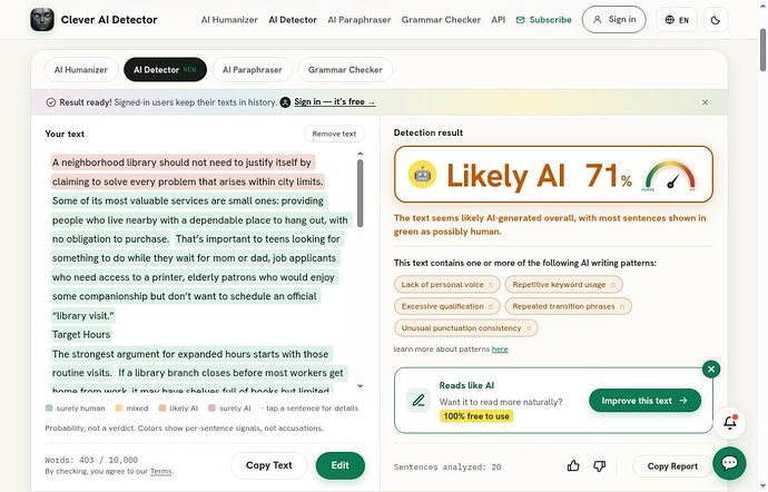 Clever AI Detector result for the unchanged Phrasly output