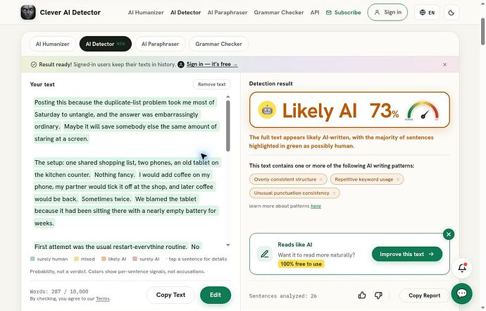Clever AI Detector E01: Likely AI 73%