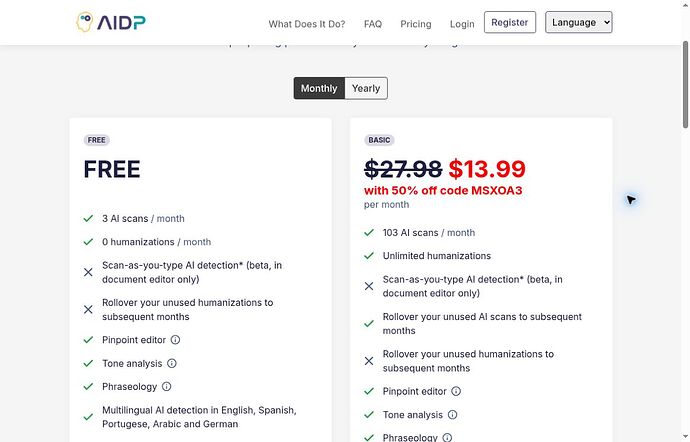 AI Detector Pro Free plan lists 3 AI scans per month and 0 humanizations per month