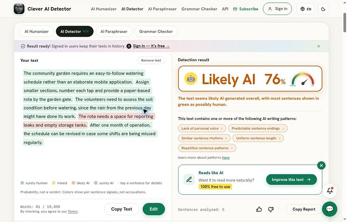 Clever AI Detector Likely AI 76 percent for HumanizeAI.pro output