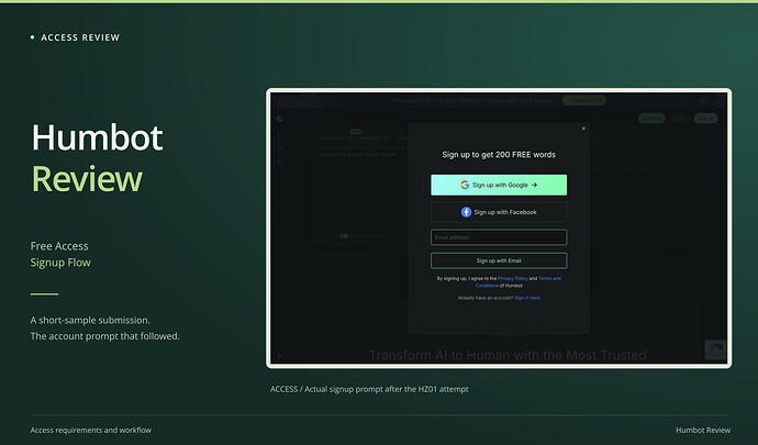 Humbot Review cover: free access, signup flow, with an original screenshot. Humbot signup dialog offering 200 free words after the HZ01 humanizer attempt; no rewrite was obtained.