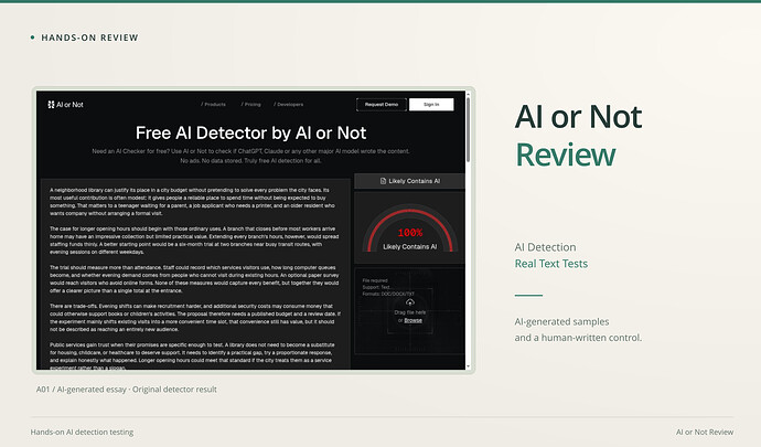 AI or Not Review cover: ai detection, real text tests, with an original screenshot. AI or Not A01 result showing 100% Likely Contains AI.