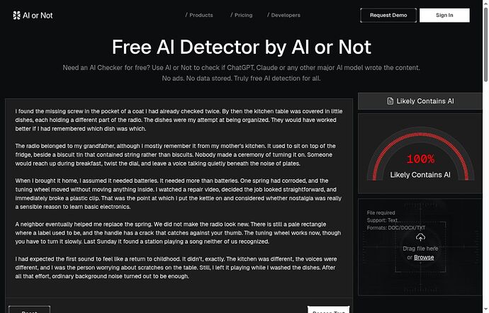 AI or Not text result showing 100 percent Likely Contains AI for A04