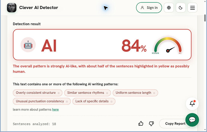 Clever AI Detector A02 result: AI 84%