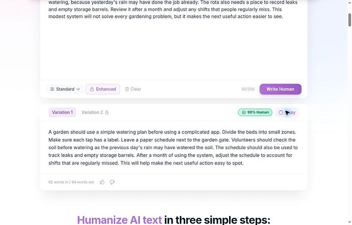 WriteHuman 94-word rewrite with its 99 percent Human badge