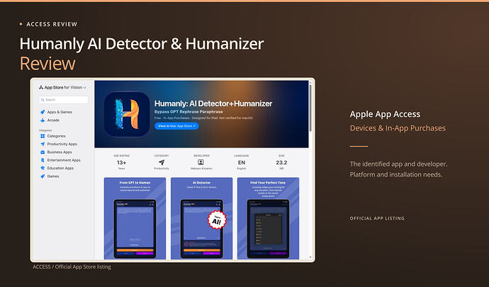 Humanly AI Detector & Humanizer Review cover: apple app access, devices & in-app purchases, with an original access screenshot. Apple App Store listing for Humanly: AI Detector+Humanizer by Maksym Kiryanov, showing free download with in-app purchases; displayed app previews are vendor material.