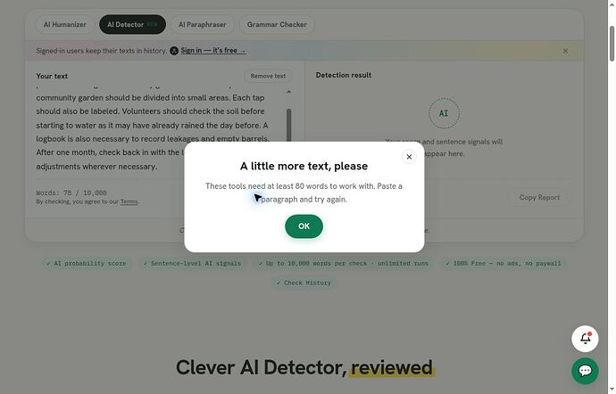 Clever AI Detector minimum 80 words warning for the exact 78-word output