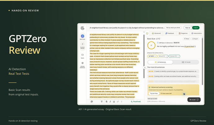 GPTZero Review cover: ai detection, real text tests, with an original screenshot. GPTZero Basic Scan of A01 showing AI 100%, Mixed 0% and Human 0%.