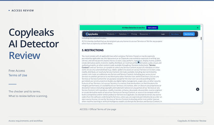 Copyleaks AI Detector Review cover: free access, terms of use, with an original screenshot. Copyleaks official Terms of Use page with Section 5 Restrictions visible; no detector performance was tested in this review.