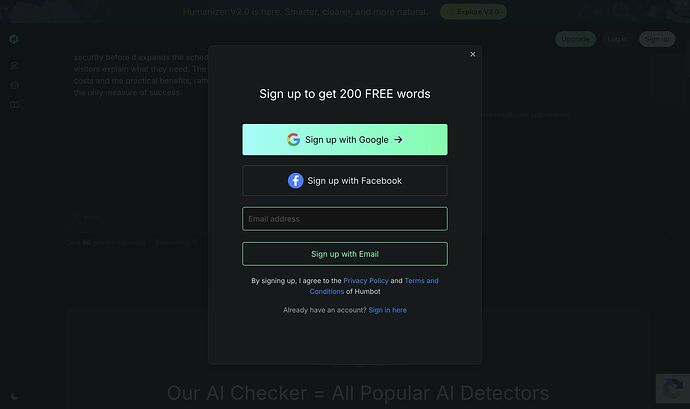 Humbot checker attempt leading to the signup dialog