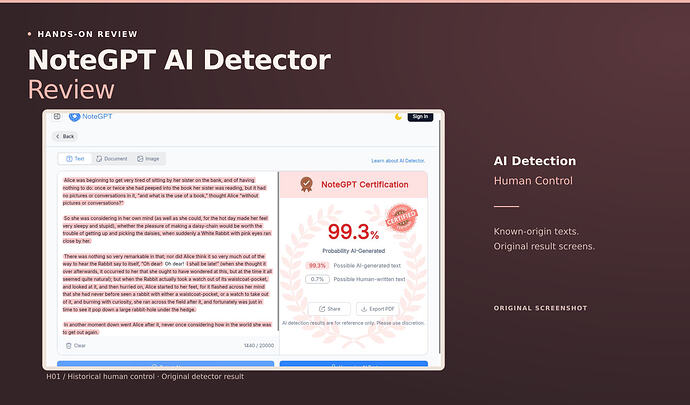 NoteGPT AI Detector Review cover: ai detection, human control, with an original screenshot. NoteGPT result showing 99.3% Probability AI-Generated on the human Carroll excerpt.
