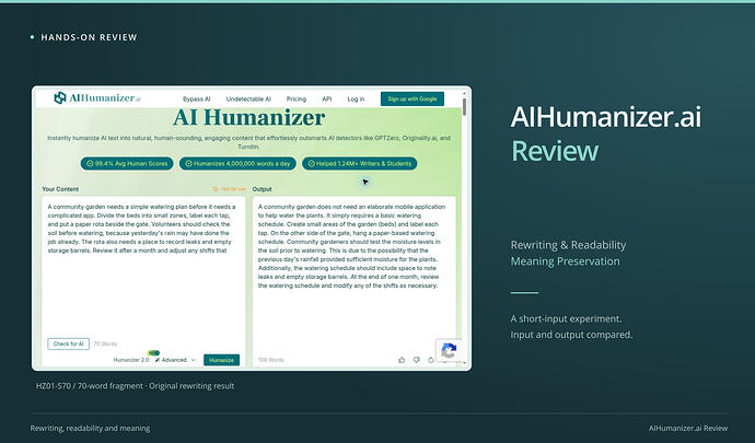 AIHumanizer.ai Review cover: rewriting & readability, meaning preservation, with an original screenshot. AIHumanizer.ai exact 70-word input fragment and expanded output.