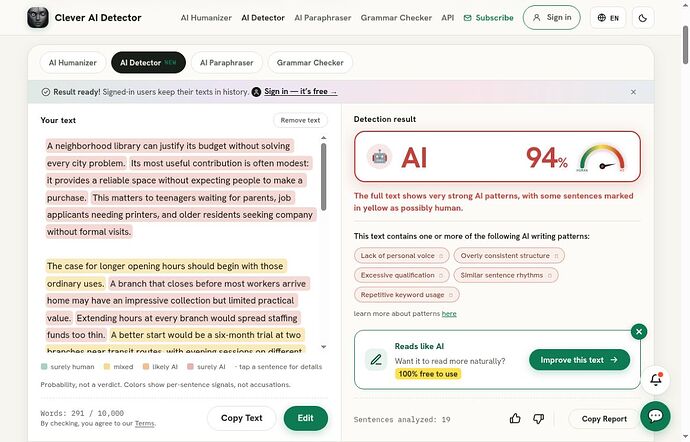 Clever AI Detector result for the unchanged Walter Writes AI output