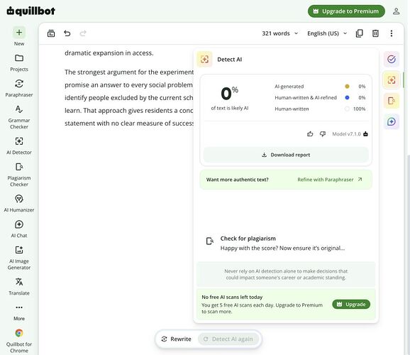 QuillBot exhausted quota: five free scans daily