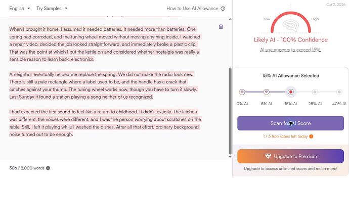 Originality.ai A04 result: Likely AI - 100% Confidence, with 15% AI Allowance selected and matching test text.