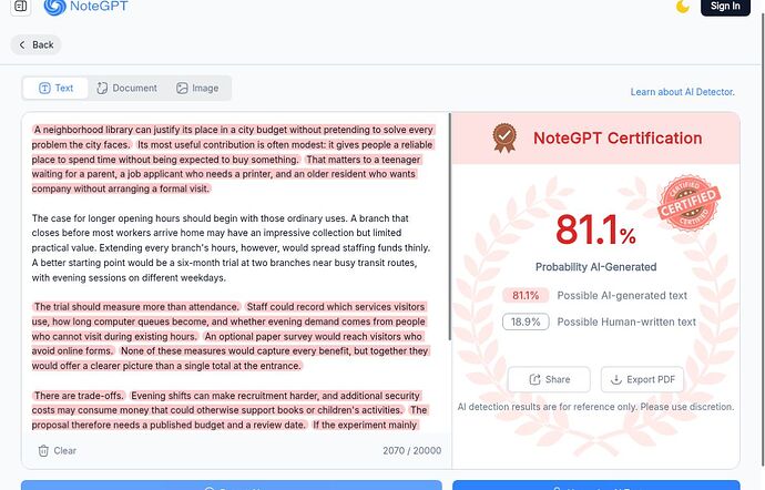 NoteGPT 81.1 percent Probability AI-Generated for A01