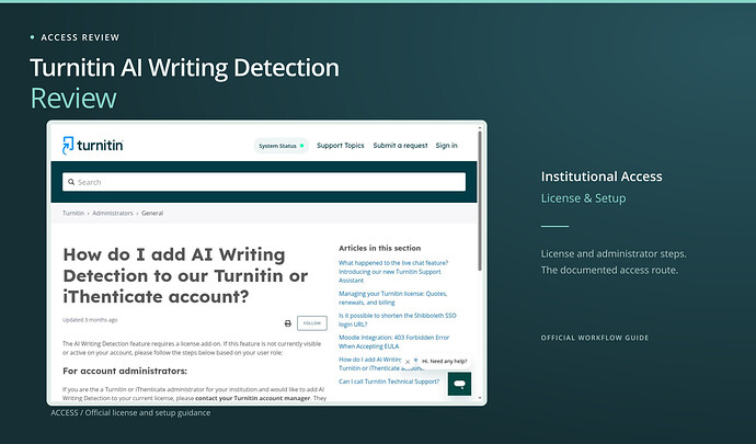 Turnitin AI Writing Detection Review cover: institutional access, license & setup, with an original access screenshot. Turnitin official support page explaining that AI Writing Detection requires a license add-on.