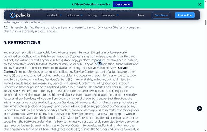 Copyleaks official restrictions section shown as access evidence