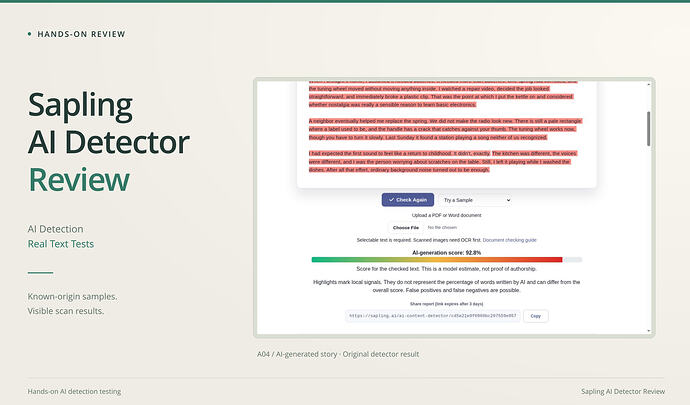 Sapling AI Detector Review cover: ai detection, real text tests, with an original screenshot. Sapling A04 result with an AI-generation score of 92.8%.