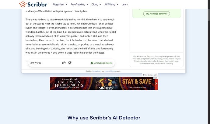 Scribbr H01 completed input and 274-word counter; result card above crop