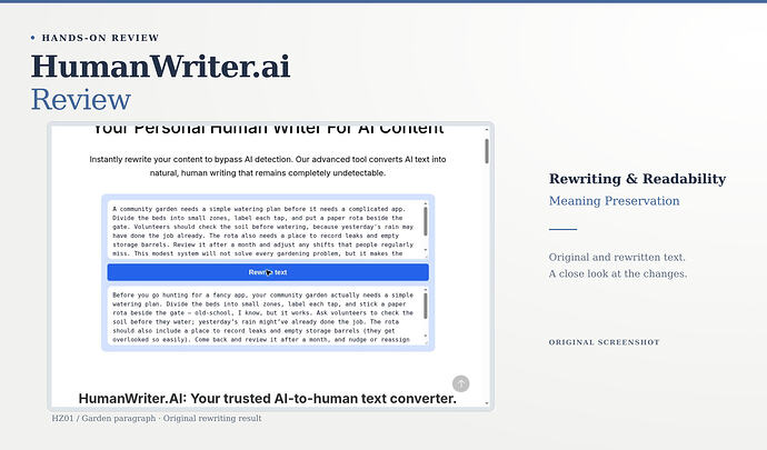 HumanWriter.ai Review cover: rewriting & readability, meaning preservation, with an original screenshot. HumanWriter.ai garden-paragraph input and populated conversational rewrite.