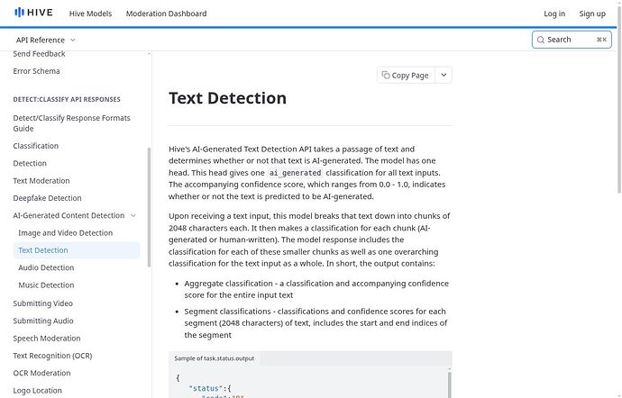 Hive official text API documentation, no executed request