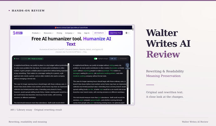 Walter Writes AI Review cover: rewriting & readability, meaning preservation, with an original screenshot. Walter Writes AI input and rewritten library essay in the actual interface; 10% AI score is the vendor display.