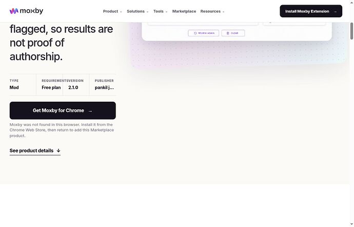 Moxby AI Content Detector Marketplace listing showing Free plan and extension requirement