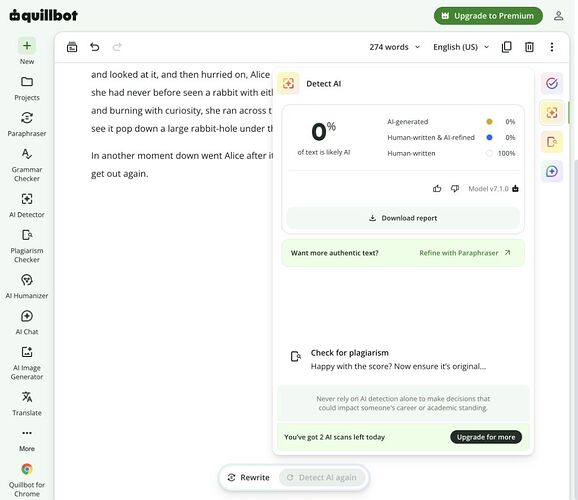 QuillBot H01 result: 0% likely AI, Human-written 100%