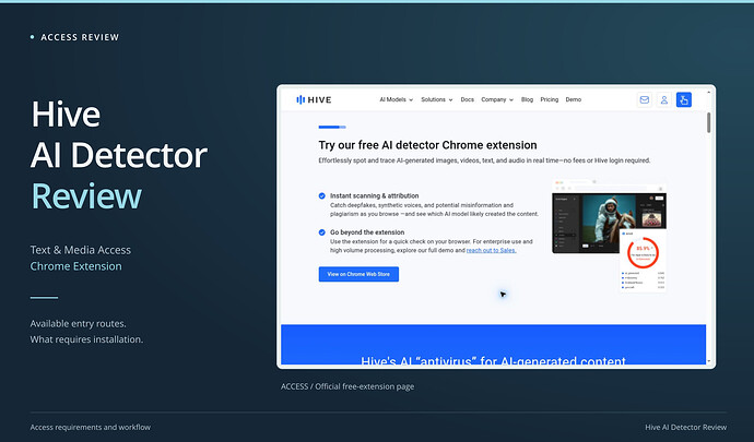 Hive AI Detector Review cover: text & media access, chrome extension, with an original access screenshot. Hive official page advertising a free Chrome extension for images, video, text and audio with no Hive login; illustrated score is vendor promotional material.