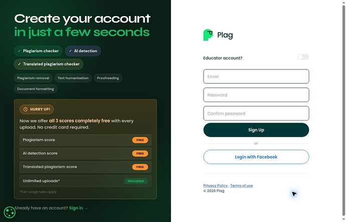Plag.ai Create your account screen advertising three free scores and fair usage limits