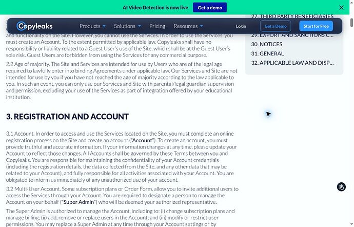 Copyleaks current terms guest-use section explaining this commercial review boundary