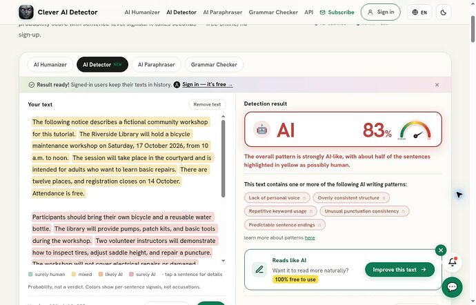 Clever AI Detector showing AI 83 percent on the original notice