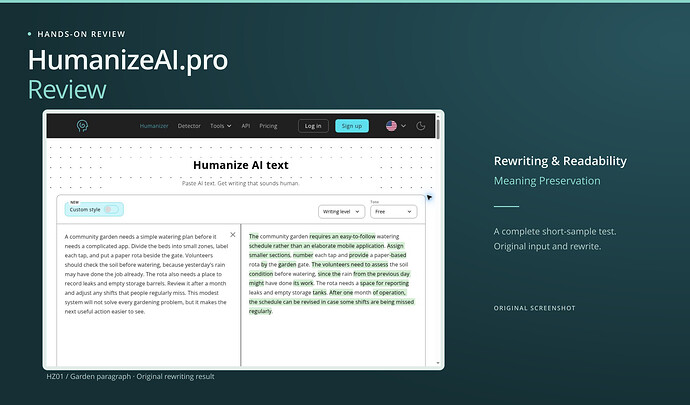 HumanizeAI.pro Review cover: rewriting & readability, meaning preservation, with an original screenshot. HumanizeAI.pro original garden paragraph and fully visible settled output.