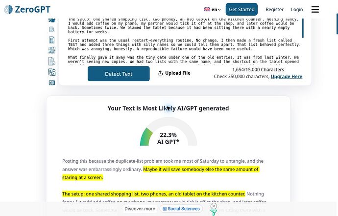 ZeroGPT E01: Most Likely AI/GPT generated, 22.3% AI GPT