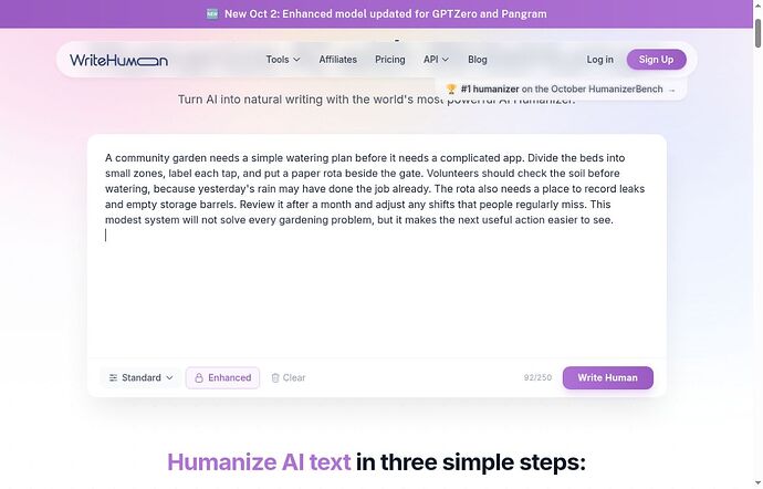 WriteHuman Standard interface showing exact HZ01 and 92 of 250 word counter