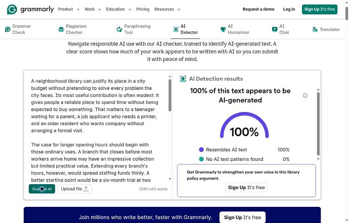 Grammarly AI Detector showing 100 percent of the library essay appears AI-generated