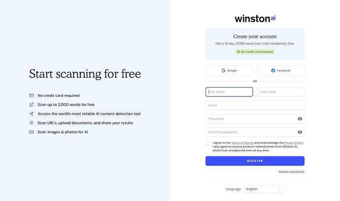 Winston AI registration form, fourteen-day trial and two-thousand-word allowance