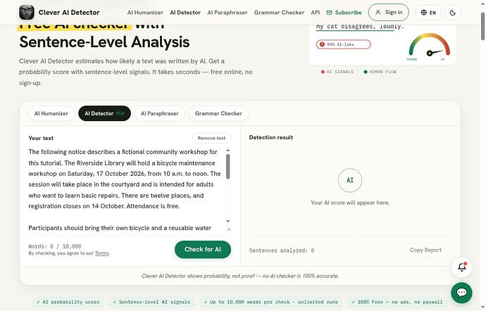 Original fictional workshop notice entered into Clever AI Detector
